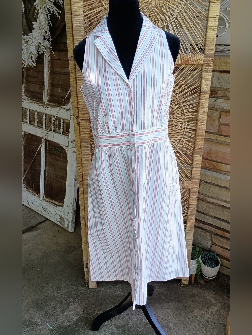 Simply Noelle 100% Cotton White Midi Dress with Red and Blue Stripes_ S/M